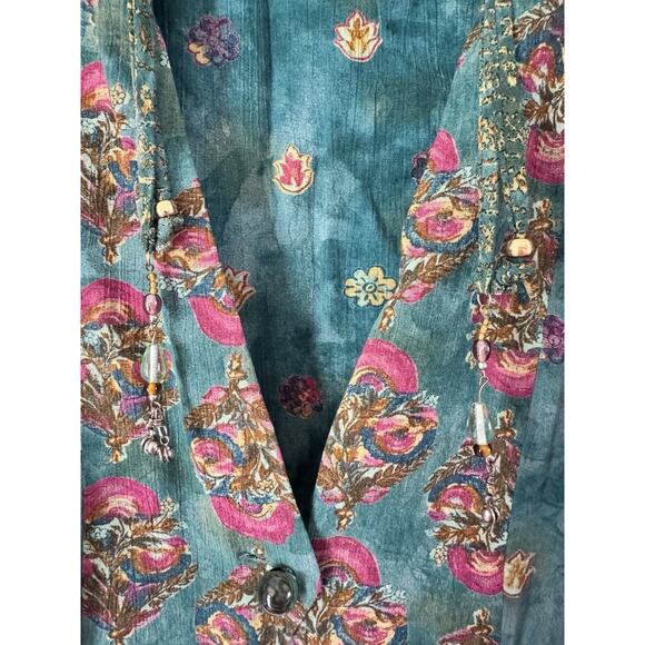 Carole Little Vintage Green Floral Cropped Tasseled Blouse Size 8P - Picture 6 of 8